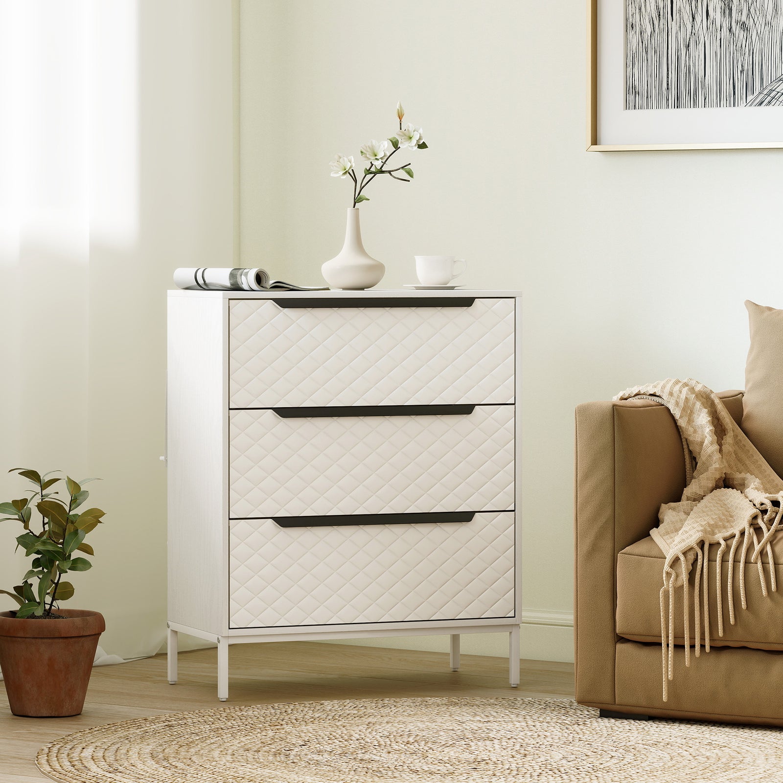Chest of Drawers, Dresser with 3 Fabric Drawers and Aluminium Handles 