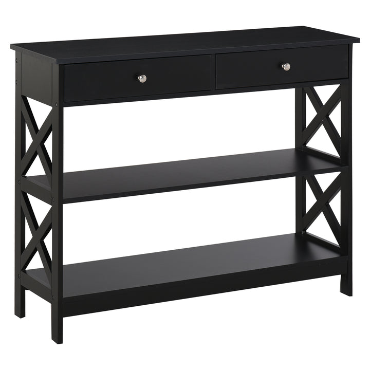 MCL Console Table Side Desk w/ Shelves Drawers Open Top X Support Frame Living Room Hallway Home Office Furniture Black