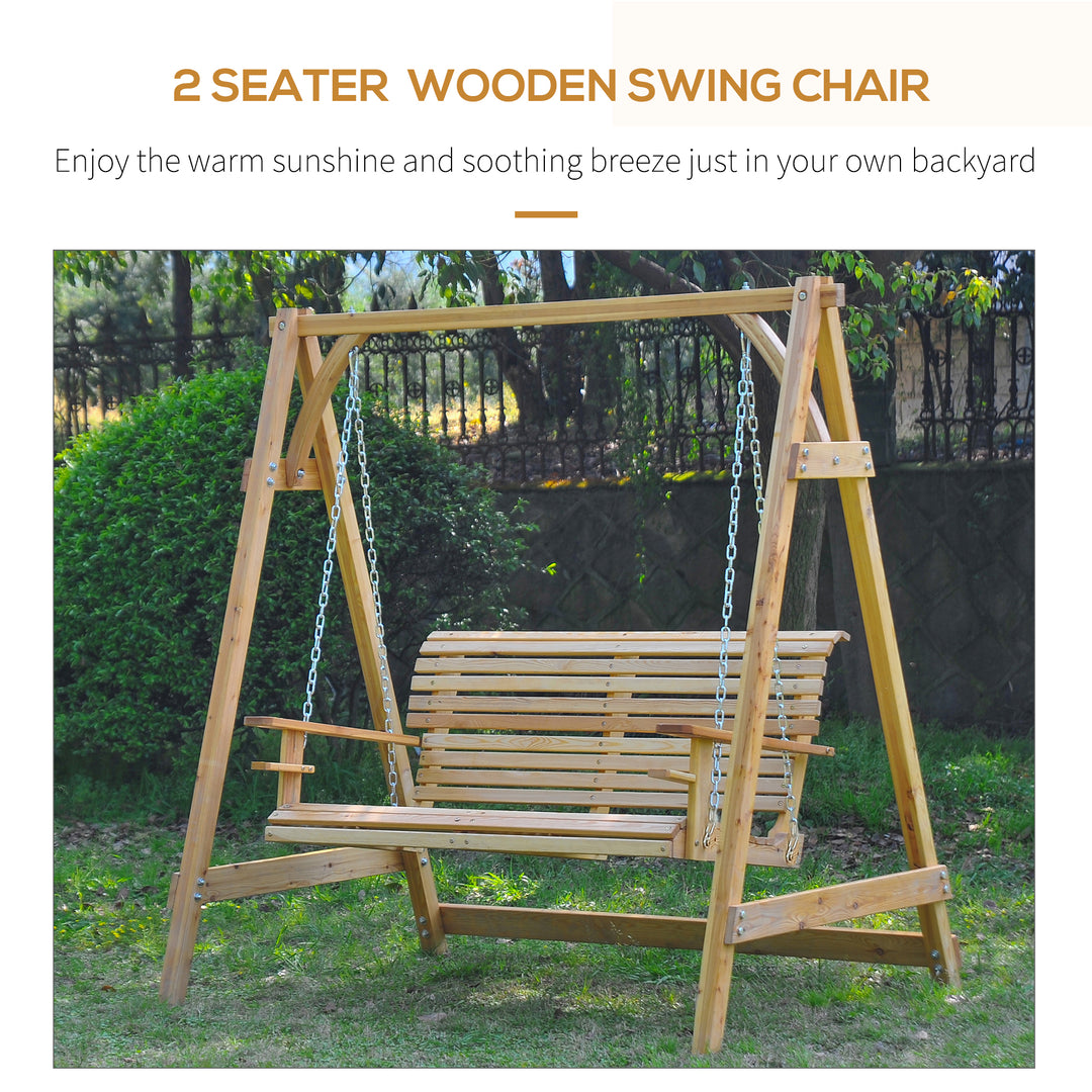 2 Seater Garden Swing Seat, Wooden Swing Chair Bench with Cup Holders for Outdoor Porch Patio, Natural