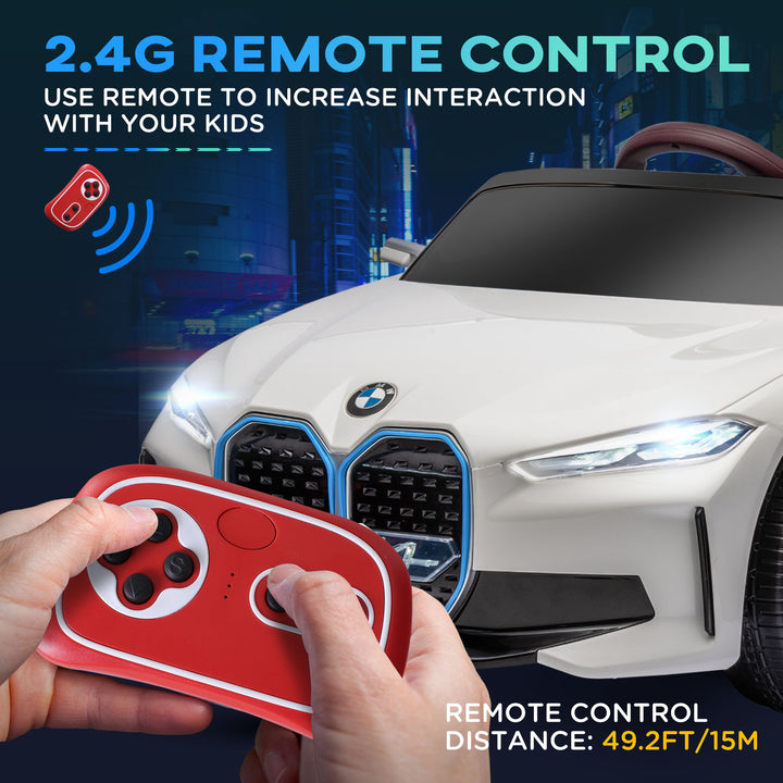 BMW i4 Licensed 12V Kids Electric Ride-On Car, White, Red and Light Blue