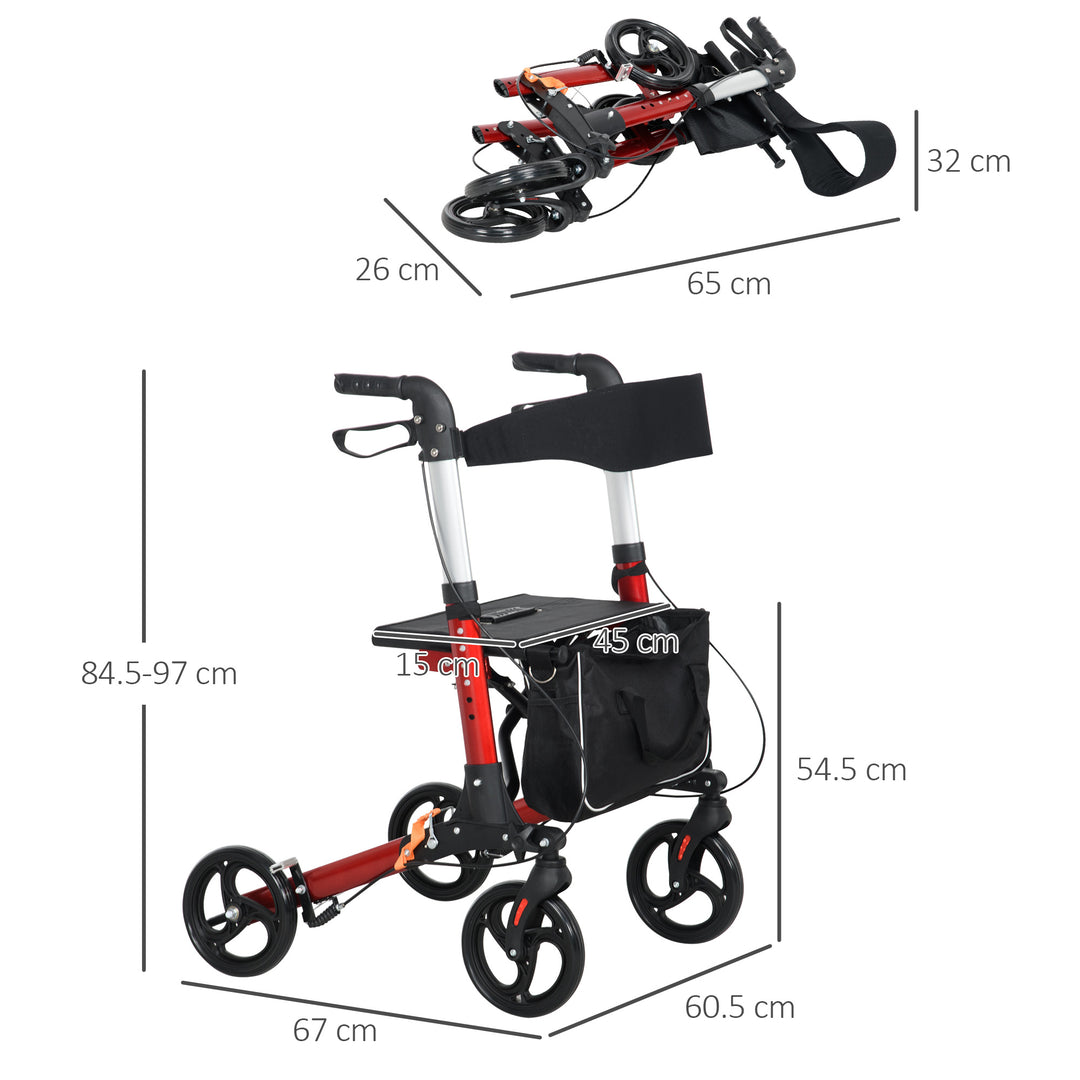 HOMCOM Folding Rollator Walker w/ Seat & Backrest, Lightweight Walking Frame w/ Adjustable Handle Height, 4 Wheeled Walker, Red