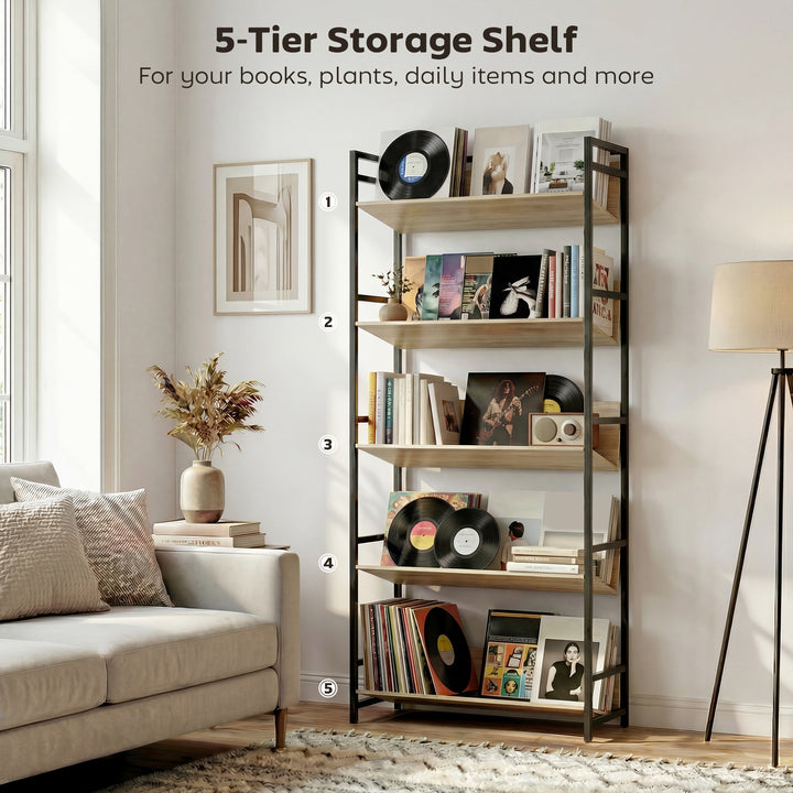 Bookshelf 5-Tier Metal Frame Bookcase Storage Shelves for Living Room 