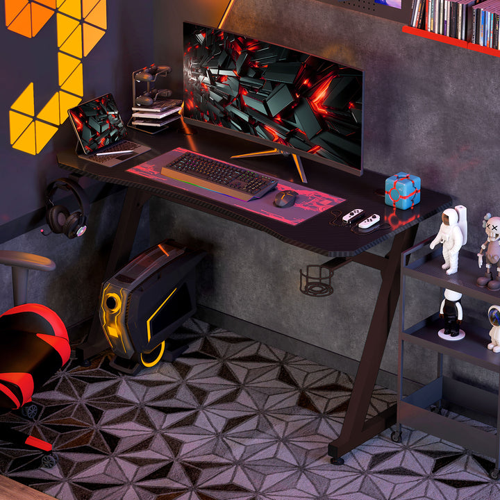 Gaming Desk 120 x 65 cm Steel Frame with Cup Holder, Headphone Hook, Adjustable Feet and Cable Organiser, Home Office Computer Table, Black