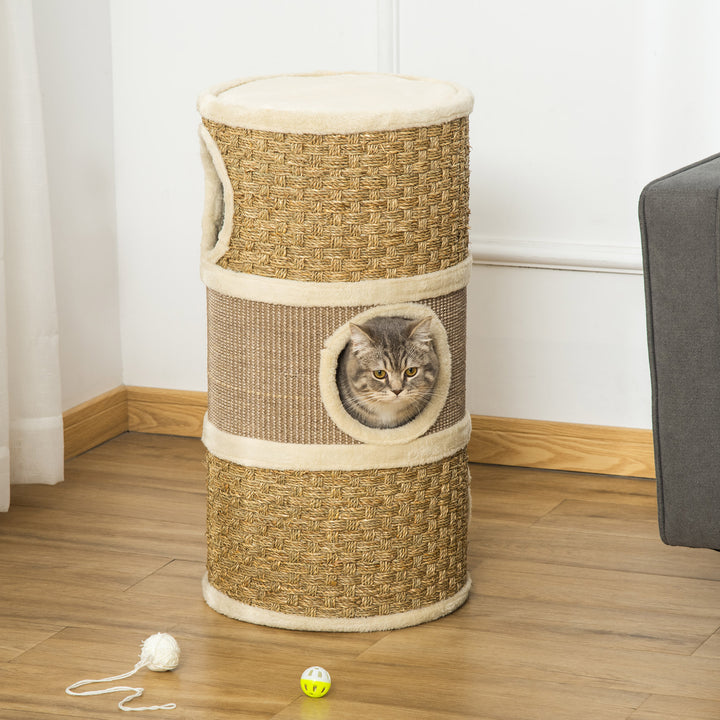 PawHut Cat Scratching Barrel Kitten Tree Tower Pet Furniture Climbing Frame Covered with Sisal and Seaweed Rope Cozy Platform Soft Plush | Aosom UK