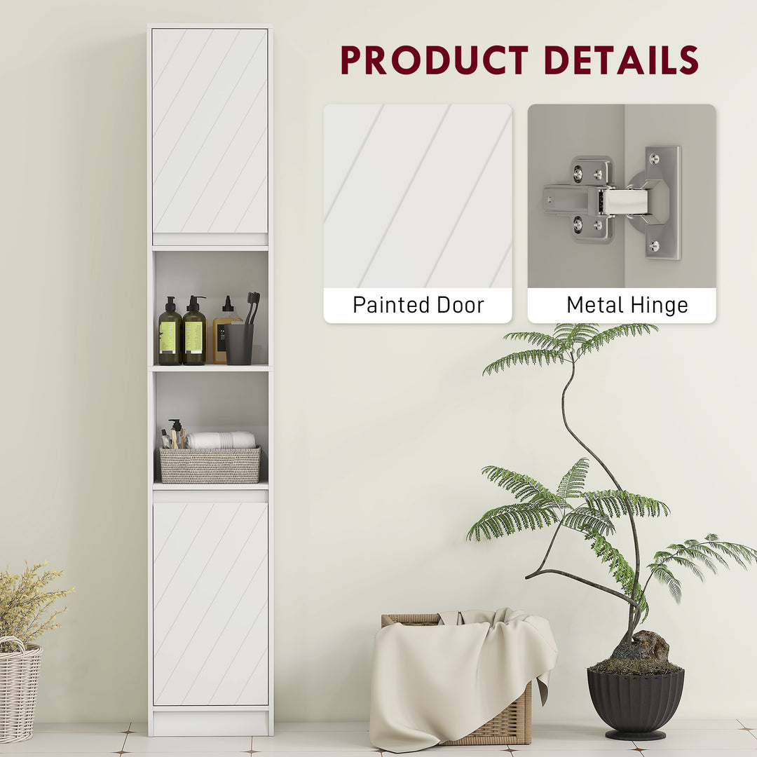 Narrow Bathroom Cabinet, Slim Bathroom Storage Unit with Open Compartment, Freestanding Storage Cupboard with Adjustable Shelves for Small Spaces, 30 x 24 x 170 cm, White