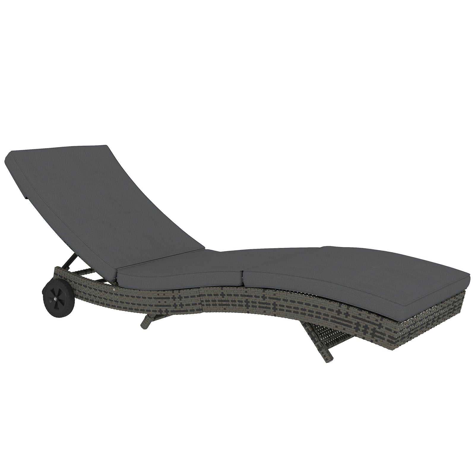 Patio Wicker Chaise Lounge Chair, Outdoor PE Rattan Sun Lounger with Adjustable Backrest and 2 Wheels, Dark Grey