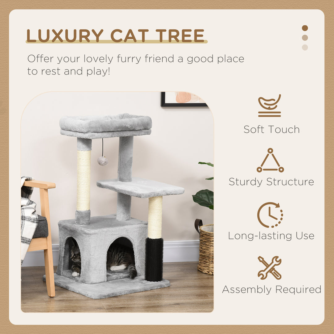 PawHut Cat Tree Tower with Sisal Scratching Posts, Kitten Climbing Activity Centre, Massage Toy Included, 48 x 48 x 80cm, Light Grey | Aosom UK