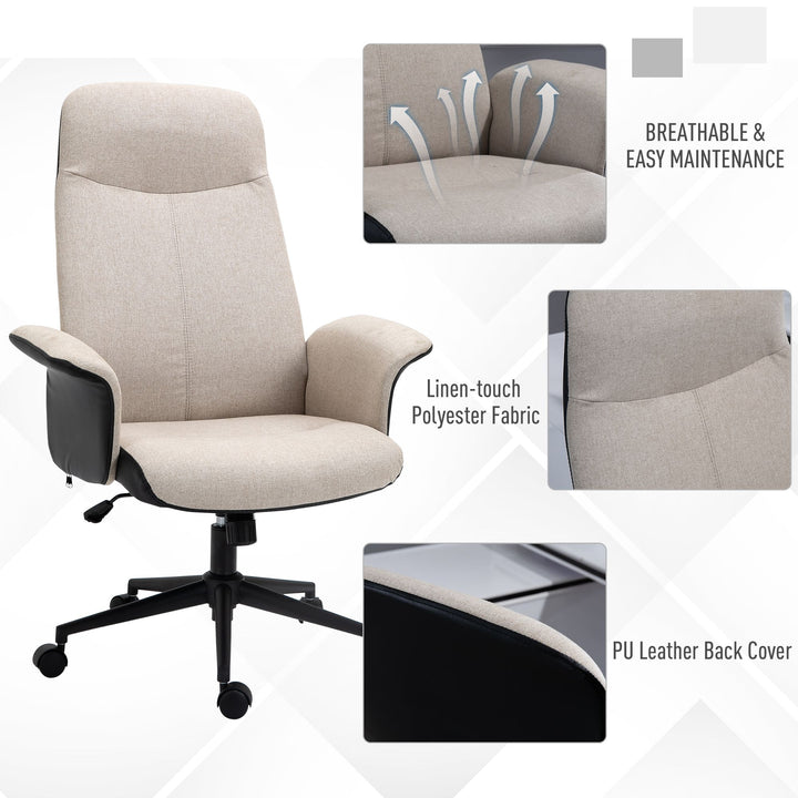 Vinsetto High Back Office Chair, Linen Fabric Computer Desk Chair with Armrests, Tilt Function, Adjustable Seat Height, Beige