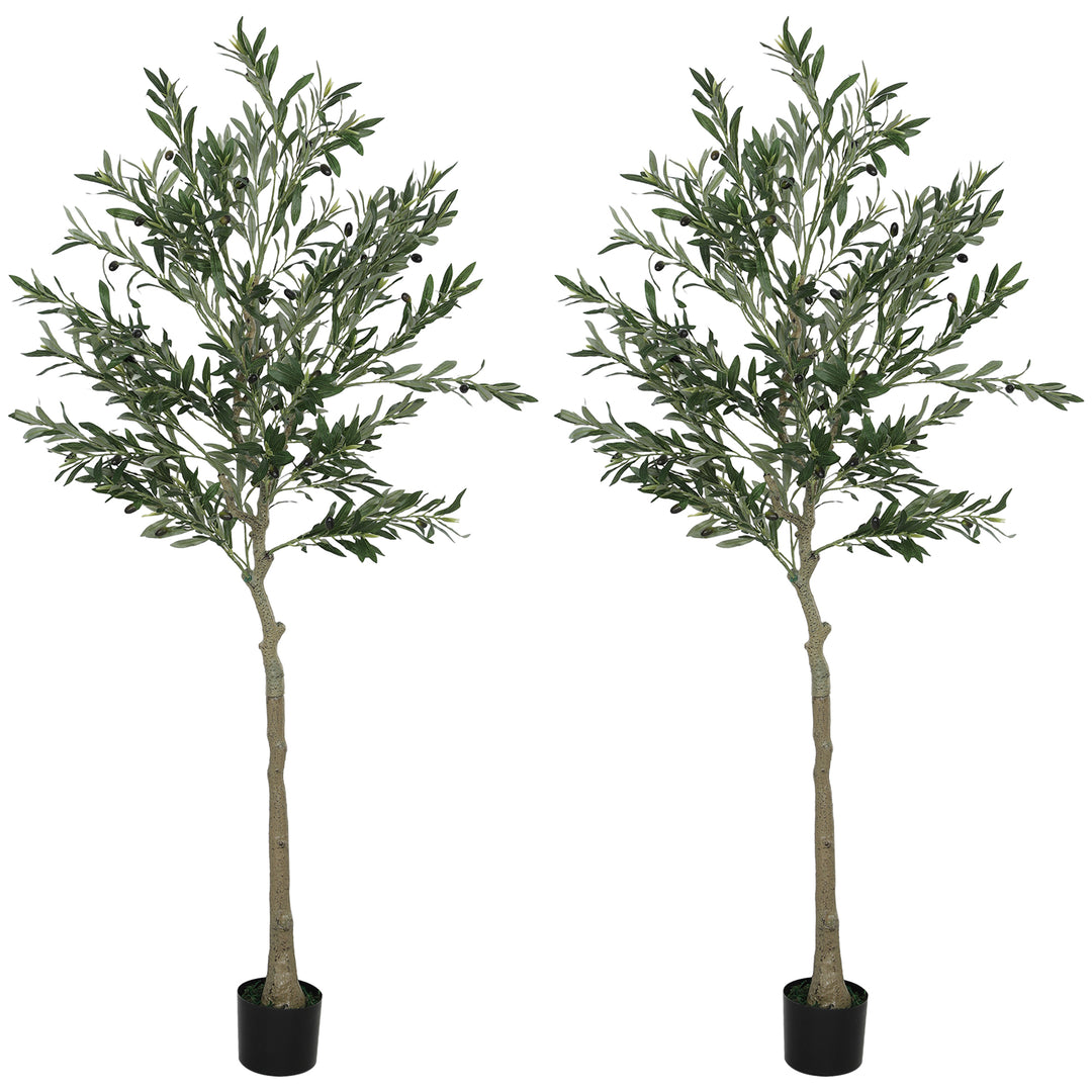 Set of 2 6ft/ 180cm Decorative Artificial Plant, Silk Olive Tree with 900 Leaves and 40 Olive Fruits in Pot, Fake Plant for Home, Office, Living Room, Indoor Decor