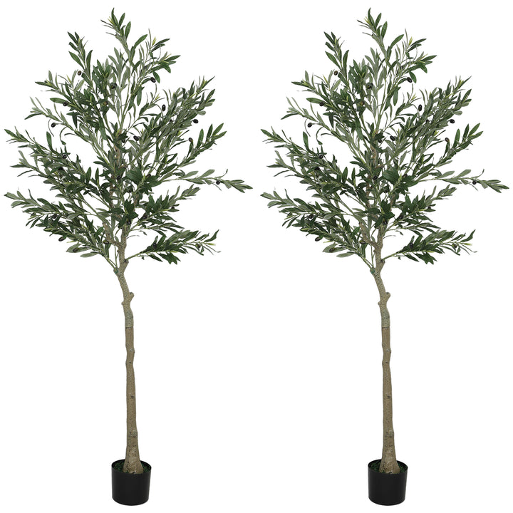 Set of 2 6ft/ 180cm Decorative Artificial Plant, Silk Olive Tree with 900 Leaves and 40 Olive Fruits in Pot, Fake Plant for Home, Office, Living Room, Indoor Decor