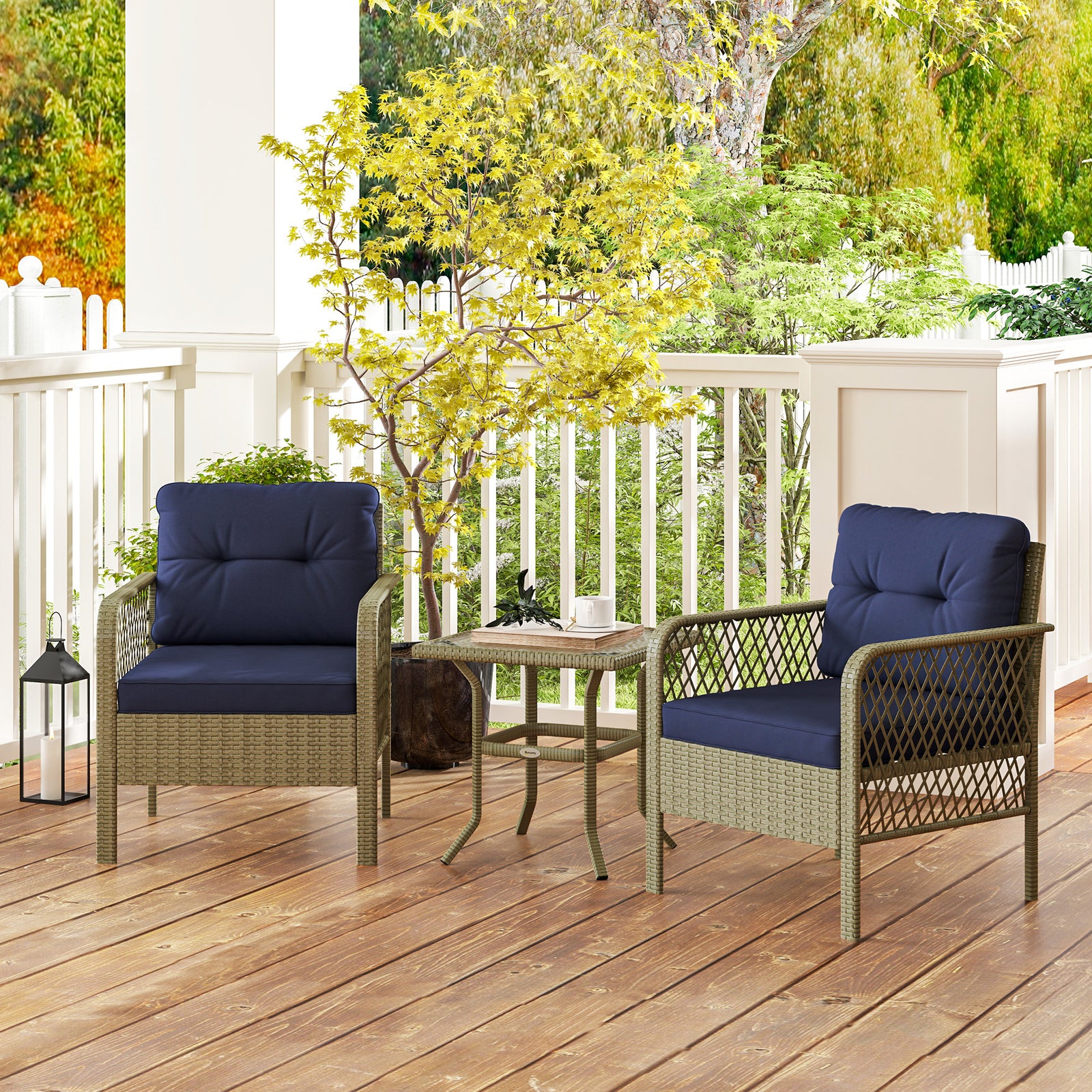 3 Pieces Rattan Bistro Set with Glass Top Coffee Table, Chairs and Cushions for Outdoor, Patio, Balcony, Charcoal Grey