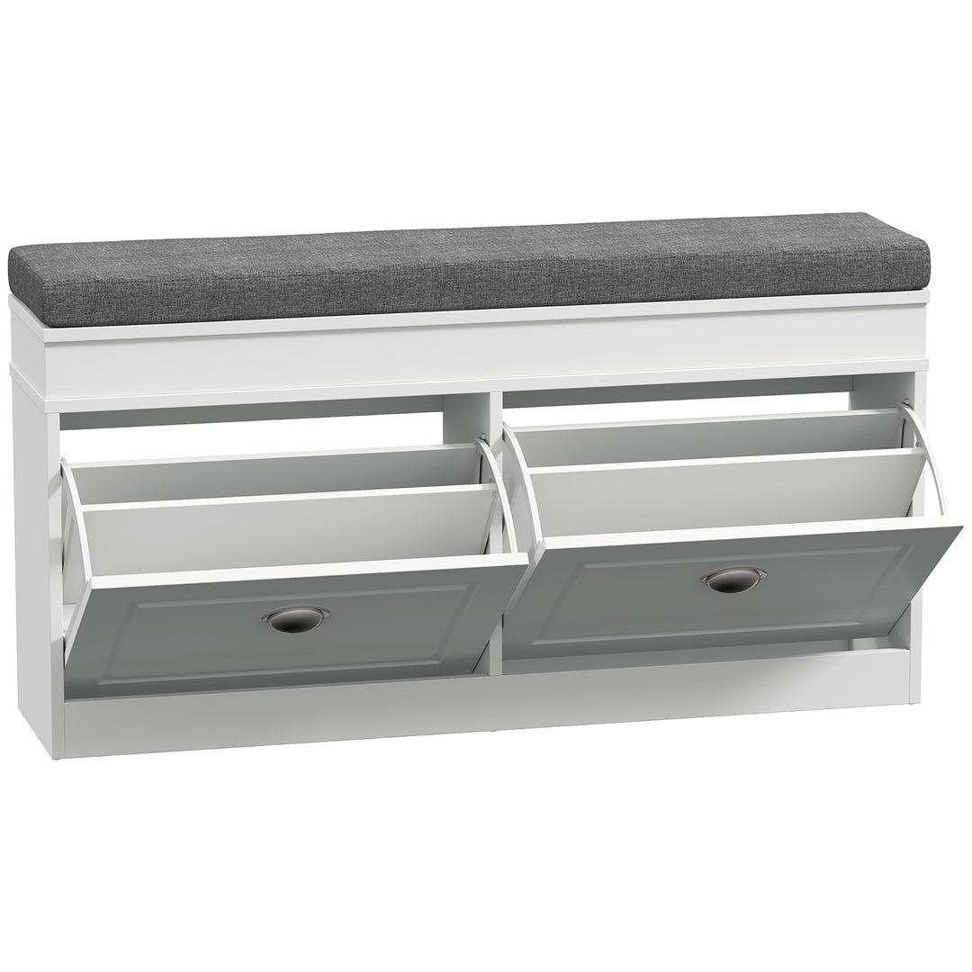 Shoe Storage Bench with Flip Drawers, Shoe Cabinet with Seat Cushion and Adjustable Shelf for Hallway, Entryway, Living Room, Bedroom, White