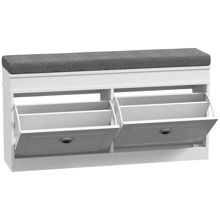 Shoe Storage Bench with Flip Drawers, Shoe Cabinet with Seat Cushion and Adjustable Shelf for Hallway, Entryway, Living Room, Bedroom, White