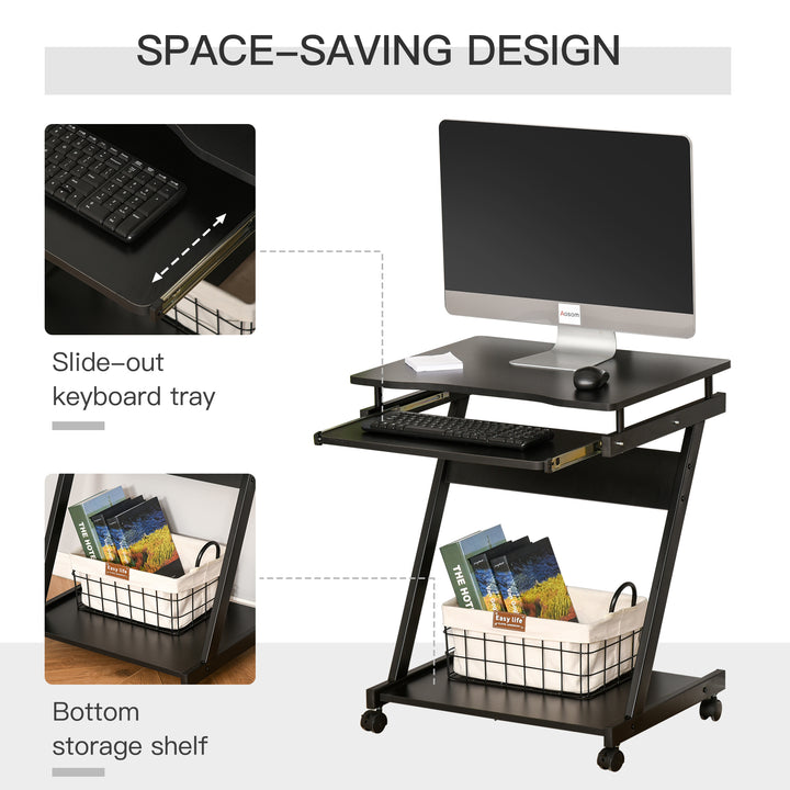 HOMCOM Movable Compact Small Computer Desk with 4 Moving Wheels Sliding Keyboard Tray Home Office Gaming Study Workstation Black | Aosom UK