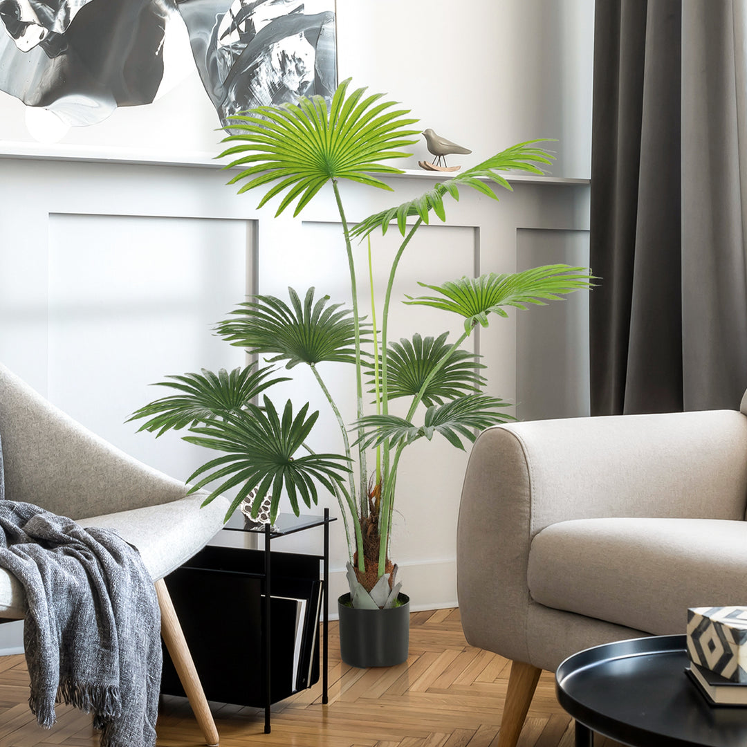 145cm Artificial Palm Tree, Decorative Artificial Plant with Lifelike PEVA Leaves and Coconut Coir, Fake Tree with Plastic Pot and Flocking for Home Office Decor, Green
