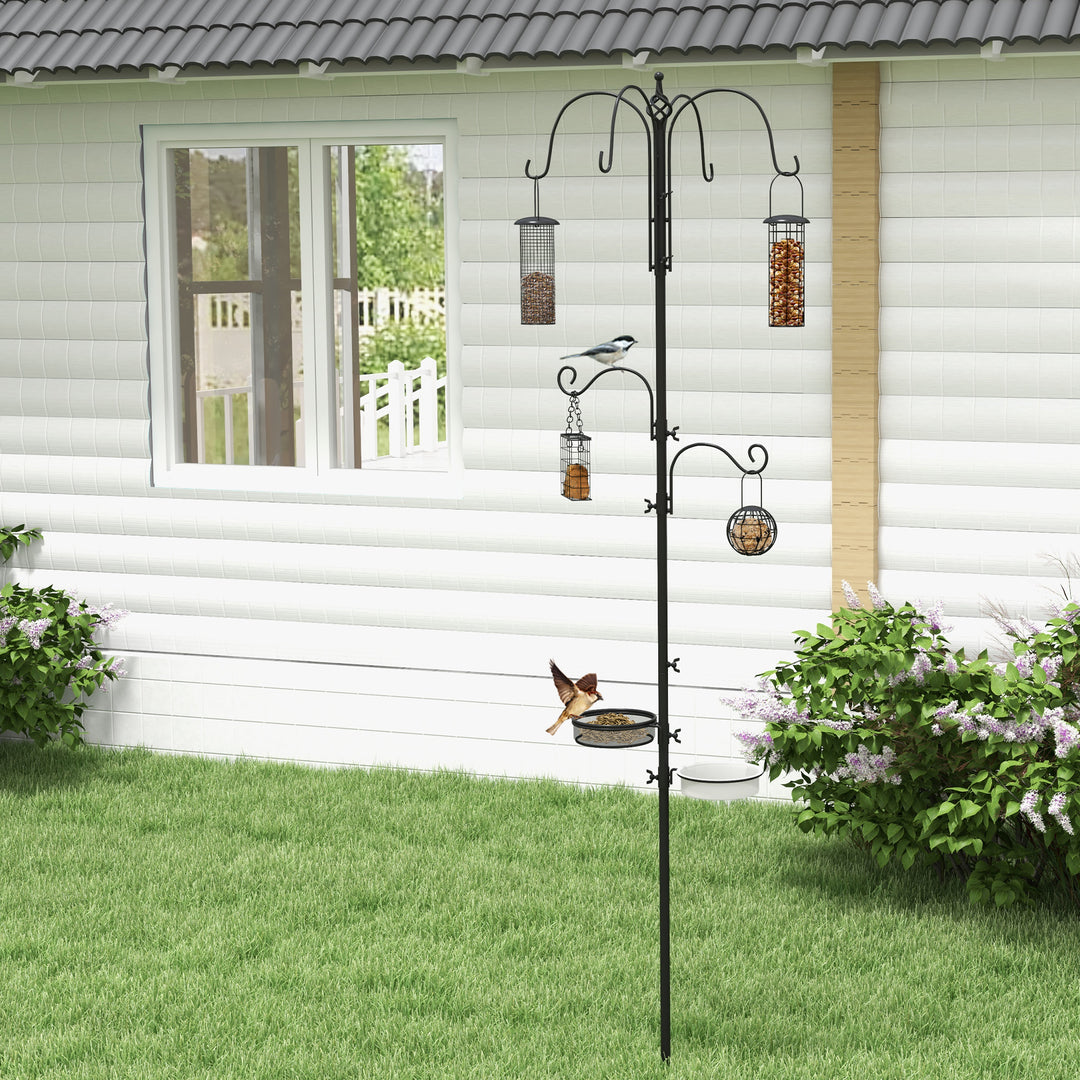 MCL Bird Feeding Station Kit, Wild Bird Feeder Pole with 6 Hooks, 4 Hanging Feeders for Peanuts, Seed, Fat Balls, for Garden, Outdoor, Black
