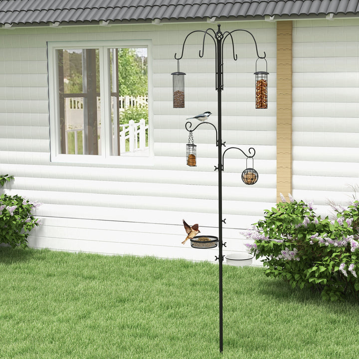 MCL Bird Feeding Station Kit, Wild Bird Feeder Pole with 6 Hooks, 4 Hanging Feeders for Peanuts, Seed, Fat Balls, for Garden, Outdoor, Black
