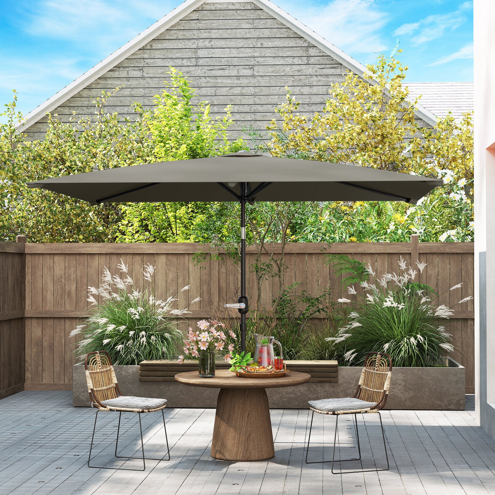3x2m Patio Parasol Garden Umbrellas Canopy with Aluminium Tilt Crank Rectangular Sun Shade Steel, Light Grey