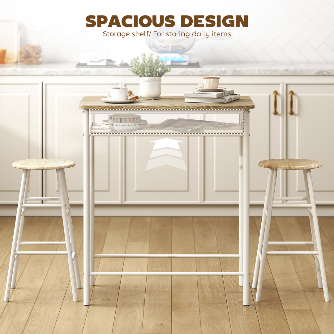 MCL Bar Table Set, Bar Table and Stools Set, Footrest and Storage Shelf, for Kitchen, Dining Room, Pub, Cafe, White and Oak