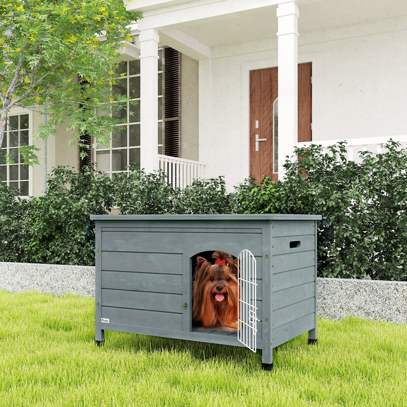 Wooden Dog House with Removable Bottom, Wire Door, Openable Top, Pet Shelter for Small Dog, 80 x 55 x 53.5cm, Dark Grey
