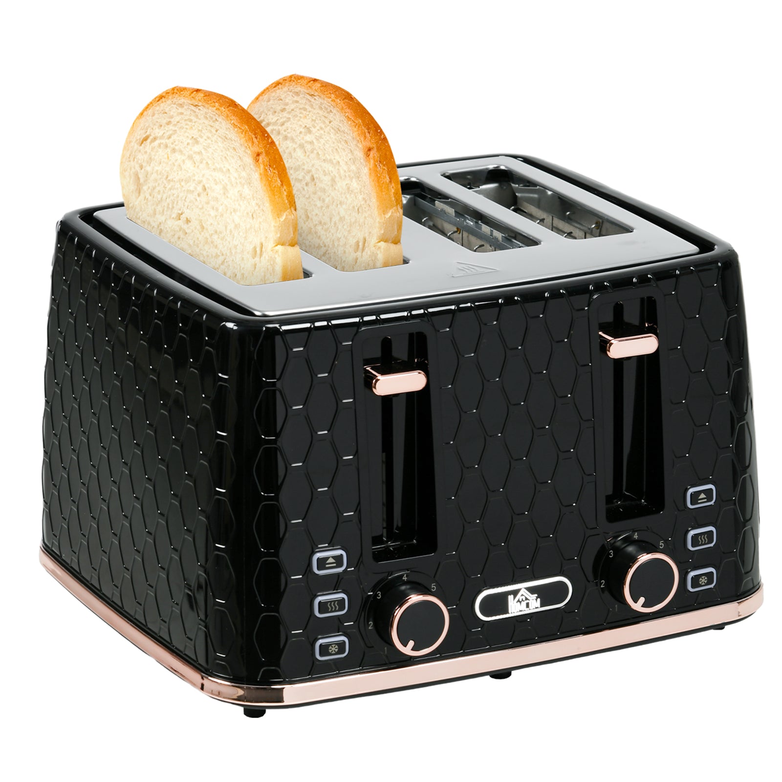 4 Slice Toaster with 7 Browning Levels, High Lift, Reheat/Defrost/Cancel, Self-centring Function, Removable Crumb Tray, Auto Off, 1600W, Black Honeycomb Texture