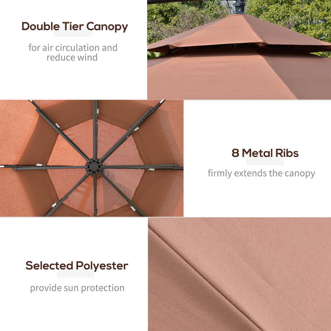 3(m) Cantilever Banana Parasol Hanging Umbrella with Double Roof, LED Solar lights, Crank, 8 Sturdy Ribs and Cross Base for Outdoor, Garden, Patio, Coffee