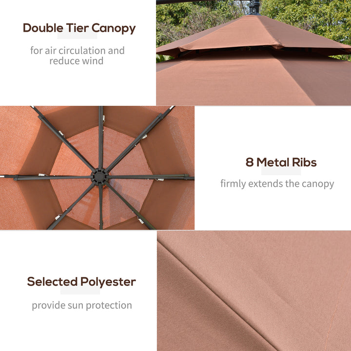 3(m) Cantilever Banana Parasol Hanging Umbrella with Double Roof, LED Solar lights, Crank, 8 Sturdy Ribs and Cross Base for Outdoor, Garden, Patio, Coffee