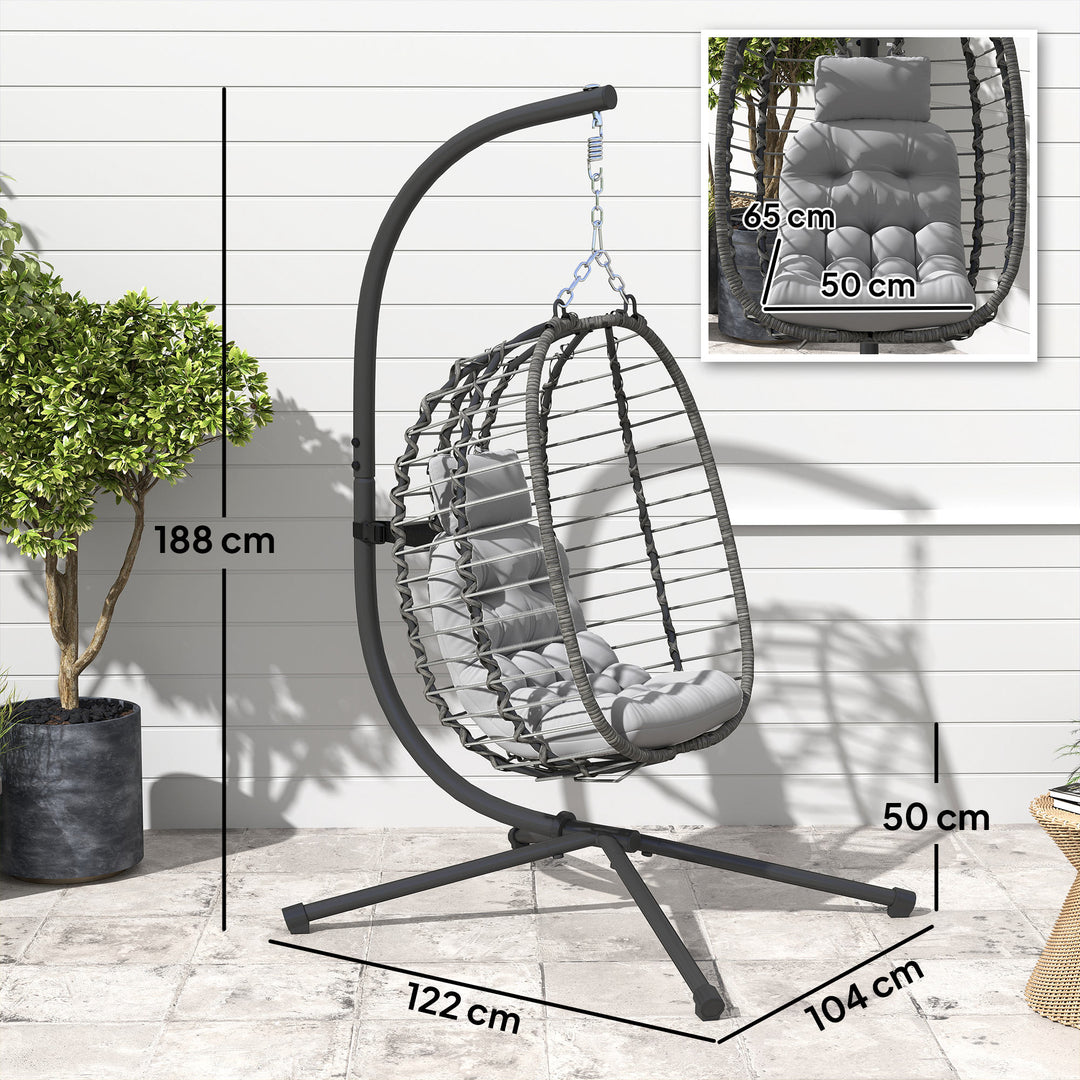 Rattan Hanging Egg Chair, Foldable Wicker Hammock Swing Chair with Cushion, Stand, Adjustable Height, Head Pillow, Steel Frame for Garden Patio Indoor Outdoor, Light Grey
