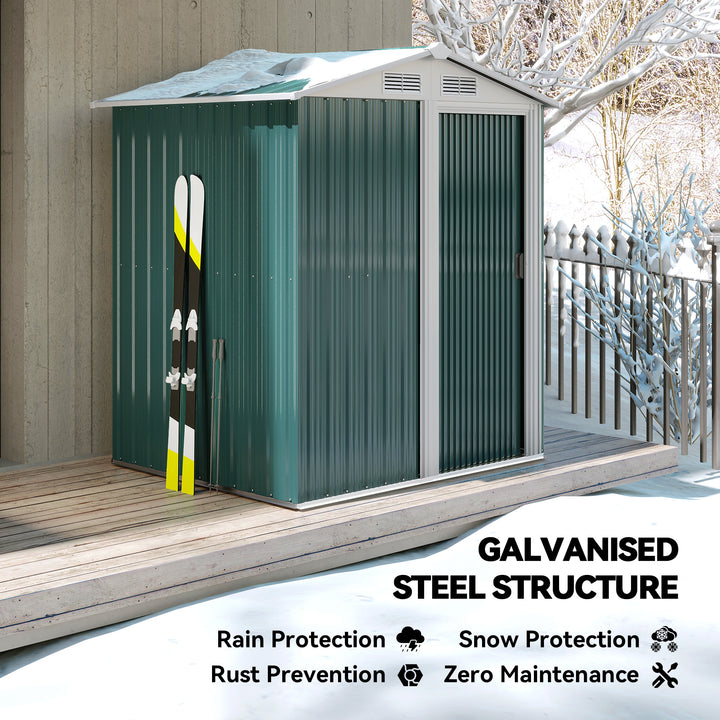 Garden Metal Tool Storage Shed with Sliding Door, Sloped Roof and Floor Foundation, 152 x 132 x 188cm, Green