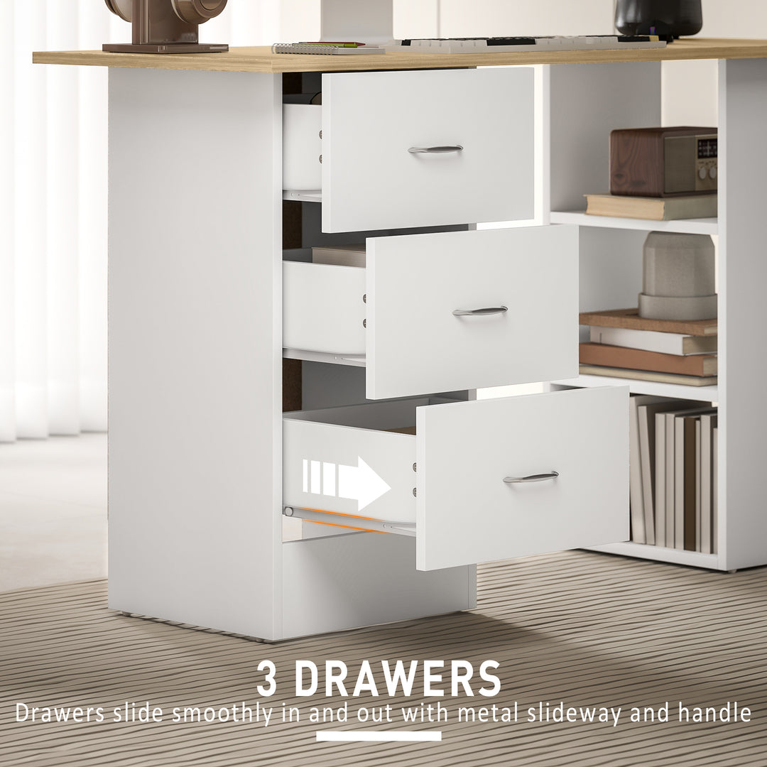 Computer Desk, Writing Table, PC Workstation with 3 Storage Shelves and Drawers, Silver Handle, for Home Office, Natural Wood Finish and White