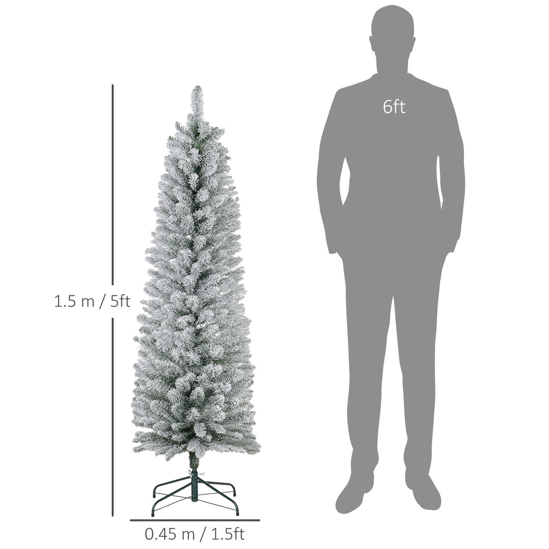 HOMCOM 5ft Artificial Pencil Christmas Tree with 263 Snow Flocked Tips, Metal Base, Realistic Xmas Tree