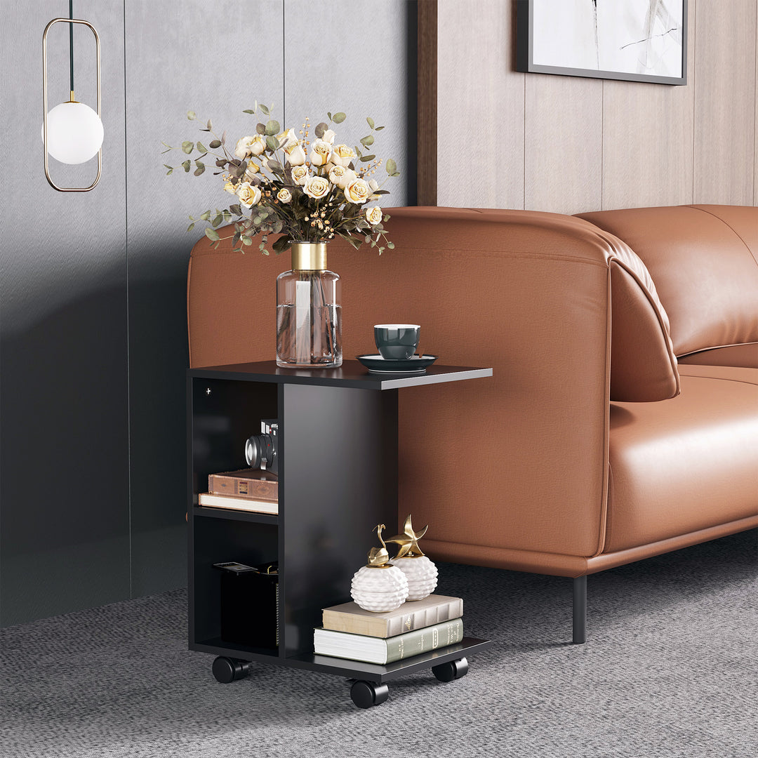 C-Shape End Table Unique Storage Unit w/ 2 Shelves 4 Wheels Freestanding Home Furniture Cabinet Square Black