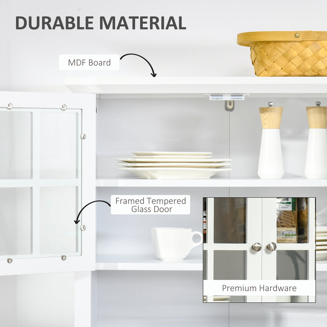 Kitchen Cupboard, Wooden Storage Cabinet with Framed Glass Door, Drawer, Microwave Space for Dining and Living Room, White