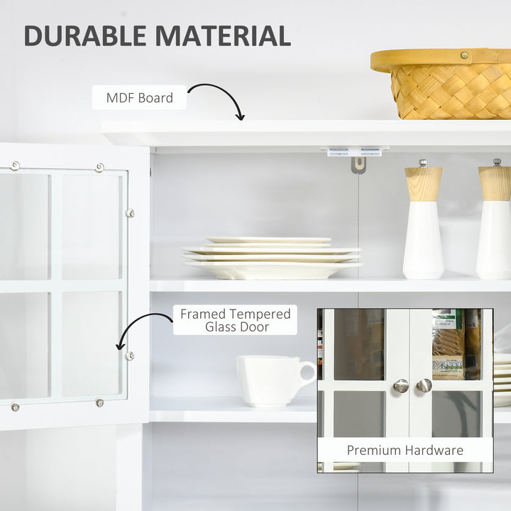 Kitchen Cupboard, Wooden Storage Cabinet with Framed Glass Door, Drawer, Microwave Space for Dining and Living Room, White