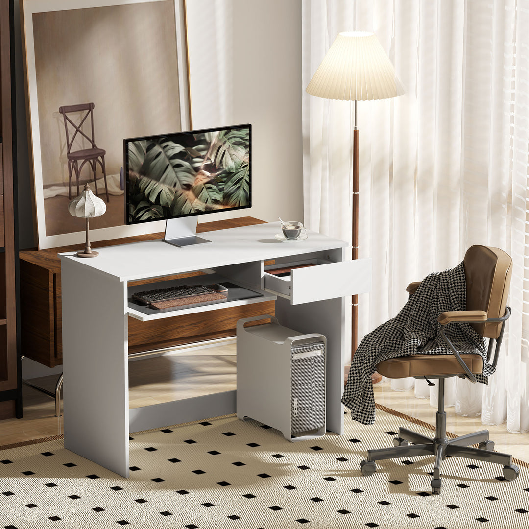 100cm Compact Computer Desk with Keyboard Tray, Home Office Desk with Drawer for Bedroom Study, White