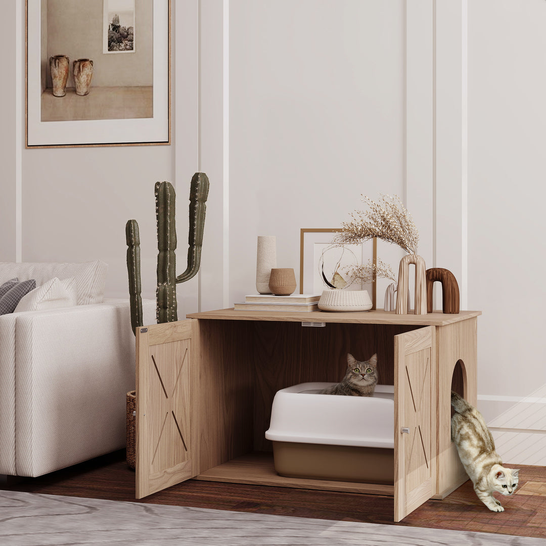 Cat Litter Box Enclosure with Double Doors and Side Entrance, Non-Slip Pads for Living Room, Walnut Brown