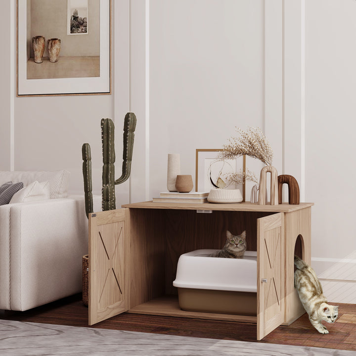 Cat Litter Box Enclosure with Double Doors and Side Entrance, Non-Slip Pads for Living Room, Walnut Brown