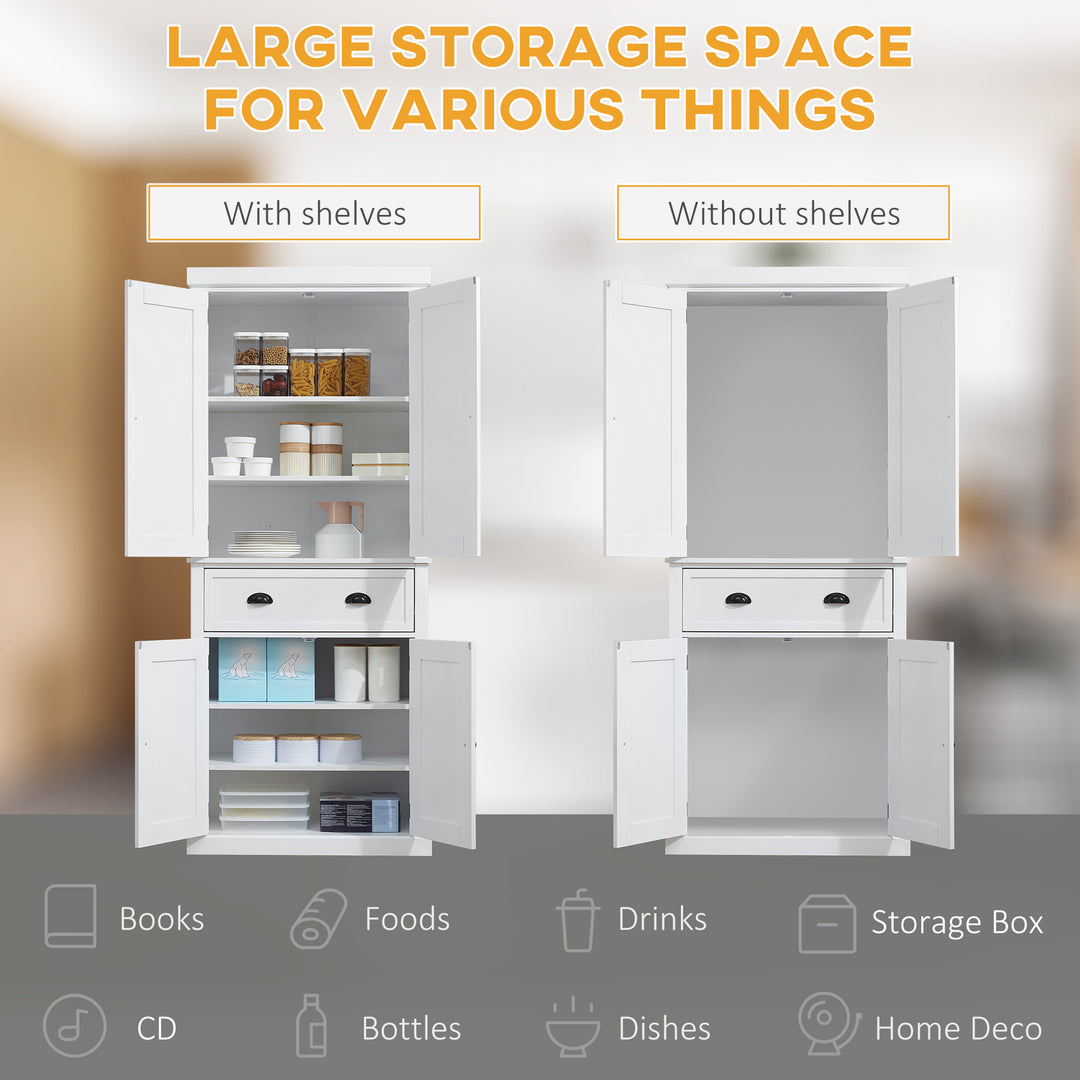 Freestanding Kitchen Cupboard, 184cm Tall Storage Cabinet with Doors and Shelves, Traditional Colonial 4-Door Kitchen Pantry Cupboard with Drawer, White