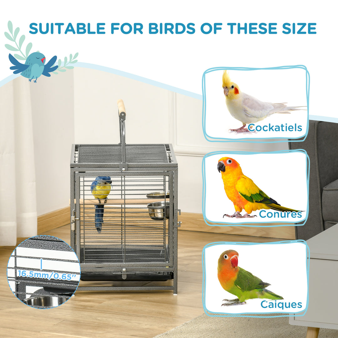 PawHut Metal Bird Cage, Portable Parrot Carrier for Green Cheek, Canary, Parakeet, Cockatiel, with Wooden Perch, Black | Aosom UK