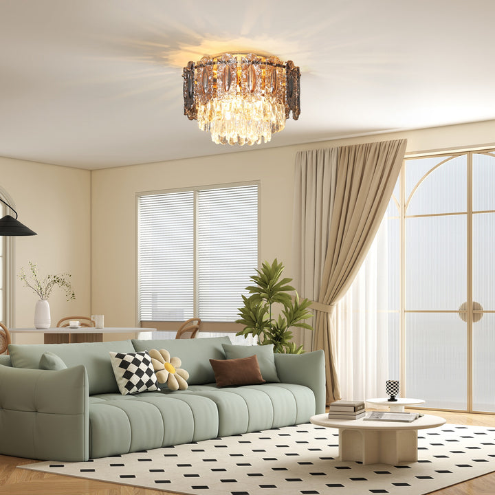 MCL Chandelier Ceiling Light, 3-Light Vintage Flush Mount Fixture with Dual Crystal and Smoke Glass Shade, LED Ceiling Light for Living Room Bedroom, 3 E27 Sockets, Bulbs Not Included, Gold Tone