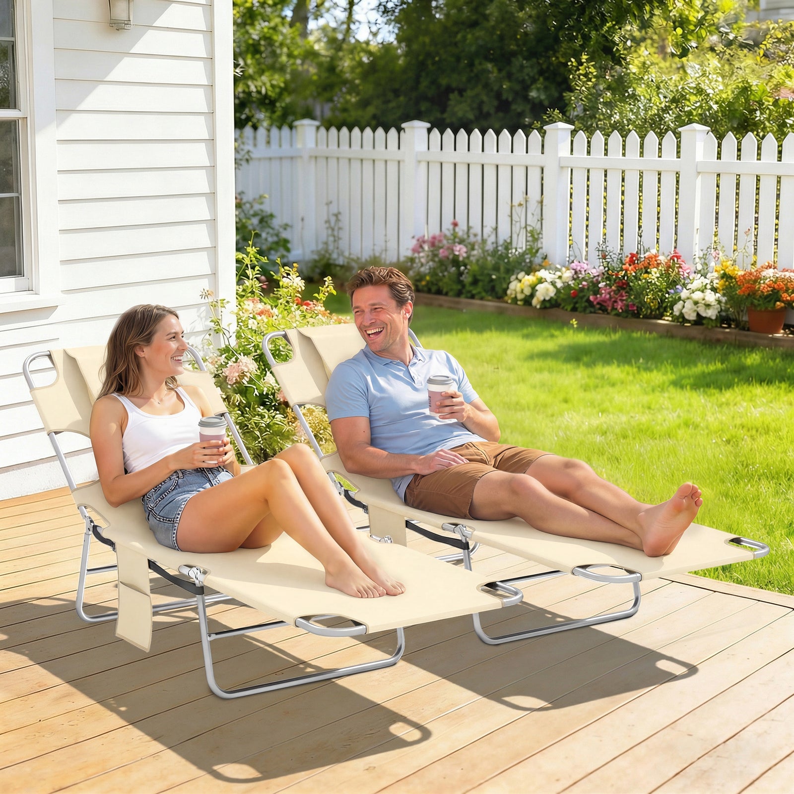5-Position Adjustable Sun Loungers Set of 2 with Reading Hole and Side