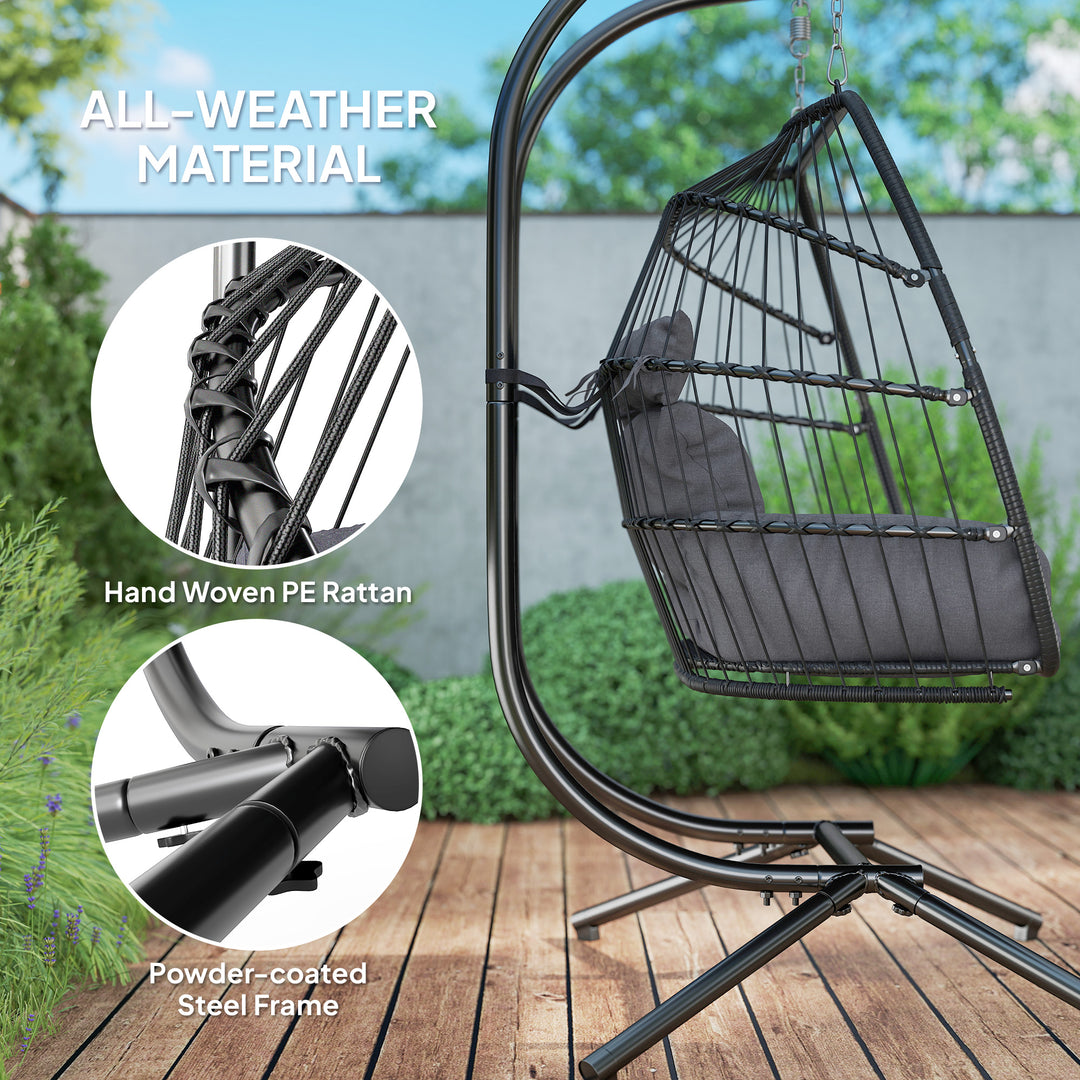 Rattan Double Hanging Egg Chair with Stand, Foldable Wicker Swing Egg Chair with Cushion, Head Pillows, Steel Frame, Hammock Chair for Indoor Outdoor, Capacity 260 kg, Dark Grey