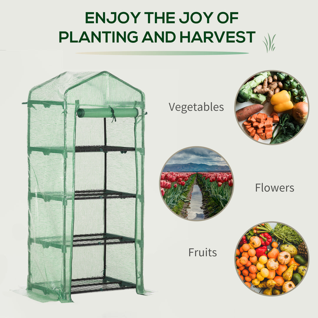 4 Tier Mini Greenhouse, Portable Compact Green House with Steel Frame, PE Cover, Roll-up Door, 70 x 50 x 160 cm, Green