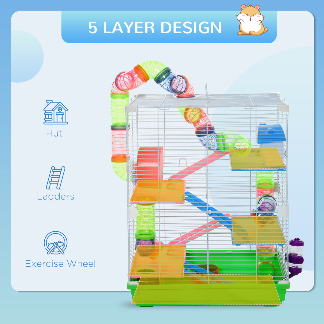 5 Tier Hamster Cage Carrier Habitat w/ Exercise Wheels, Tunnel, Green