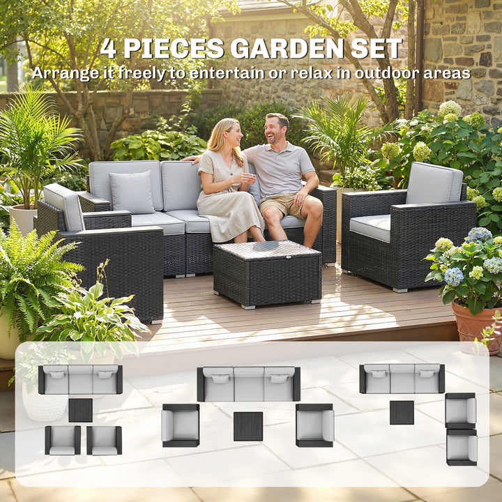 5 Seater Rattan Garden Furniture Set with Wide Armrests, Cushions, Pil