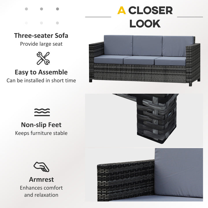 3 Seater All Weather Outdoor Sofa, Garden Rattan Sofa with Cushions and Mental Frame, Grey