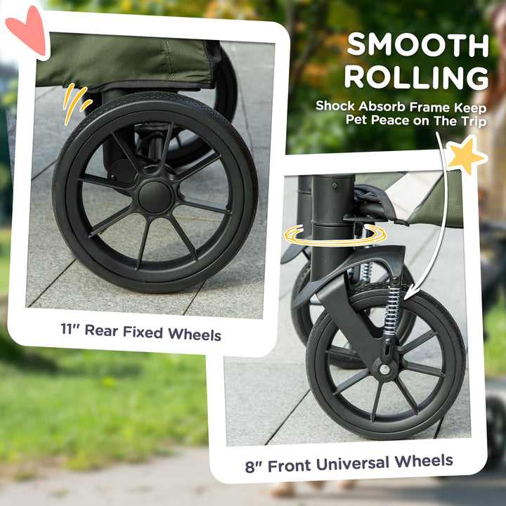 Foldable Pet Stroller for Large Dogs with Four Big Wheels, Shock-Absorbing Frame, Safety Leashes, Brakes, Dark Green