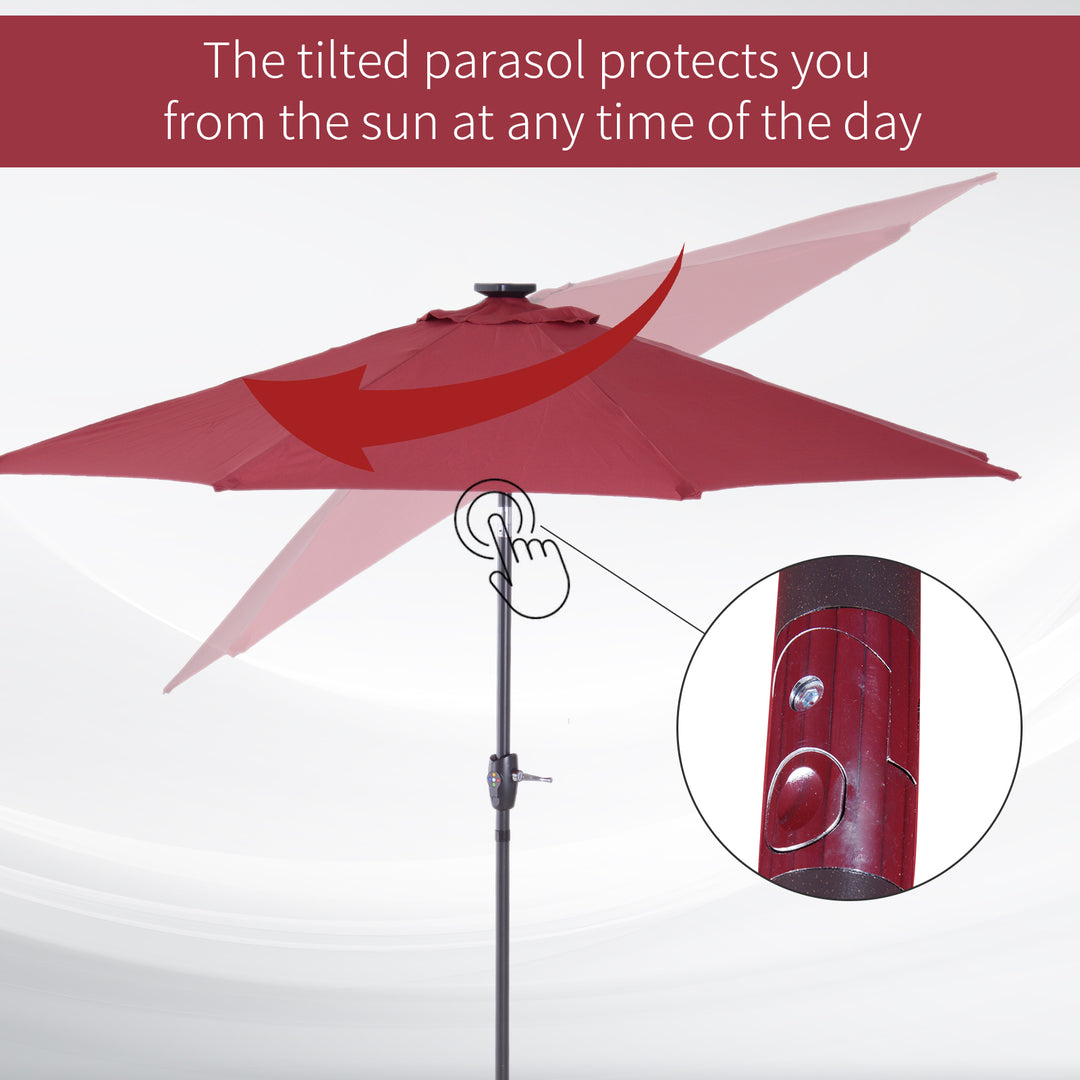 Φ2.7m Garden 24 LED Light Parasol Solar Outdoor Tilt Sun Umbrella Patio Club Party Event Manual Sun Shade w/ Hand Crank and 8 Ribs, Red