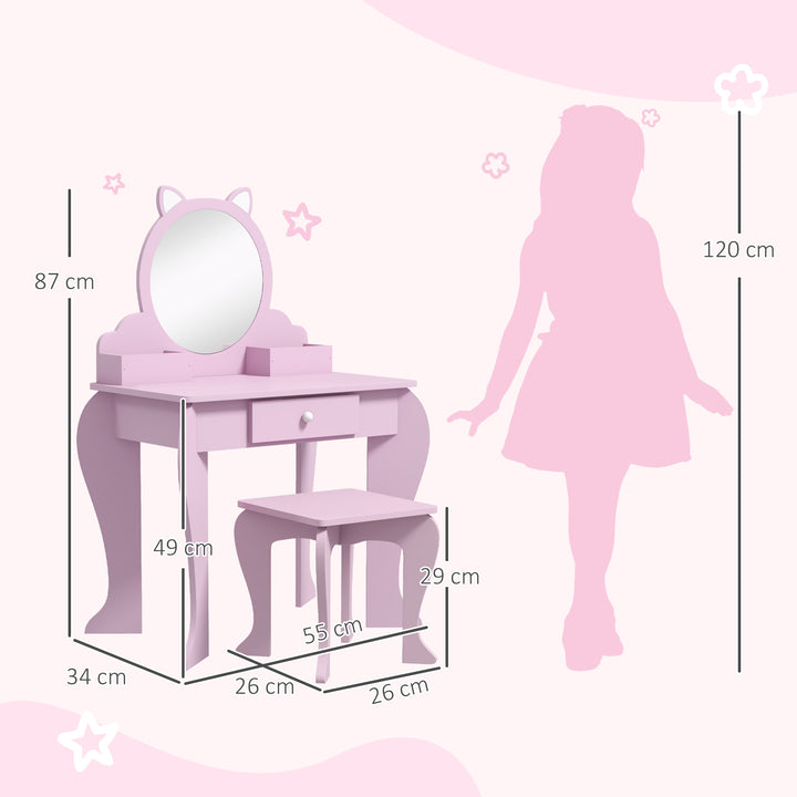 ZONEKIZ Children's Vanity Set with Mirror, Stool, Cat Theme, Drawer, Organiser Boxes for Ages 3-6, Pink | Aosom UK