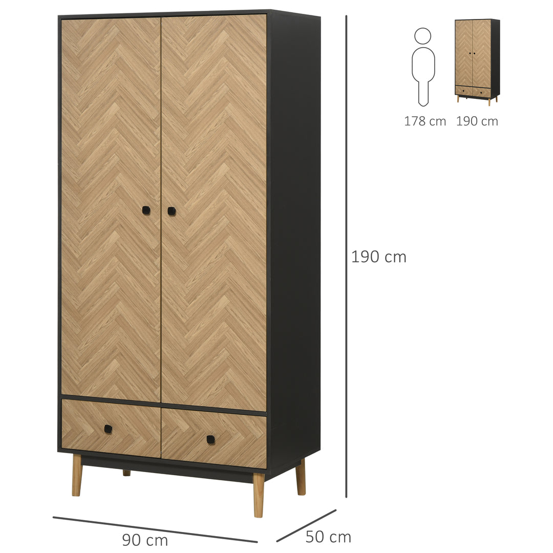 HOMCOM Modern Wardrobe Cabinet Wood Grain Sticker Surface with Shelf, Hanging Rod and 2 Drawers 90x50x190cm | Aosom UK